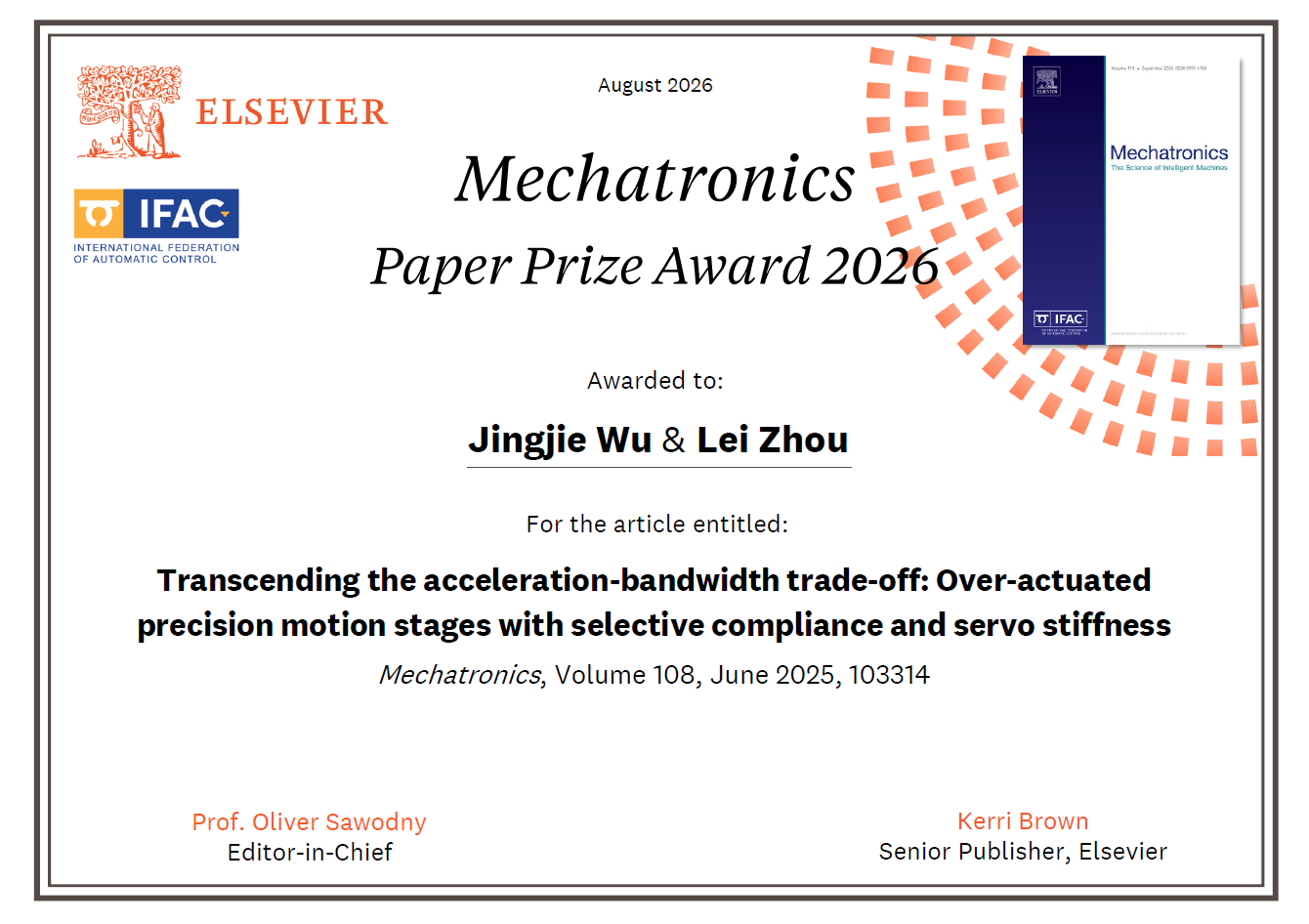 We received an IFAC Mechatronics Paper Prize!